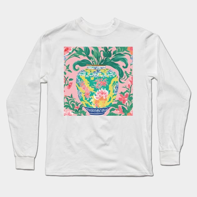 Yellow chinoiserie jar on pink Long Sleeve T-Shirt by SophieClimaArt